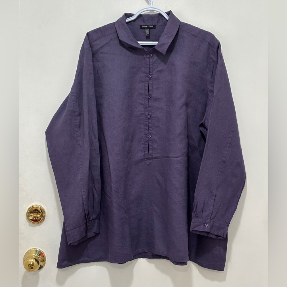 Eileen Fisher Purple Button-Front Casual Irish  Linen Shirt. Size XL